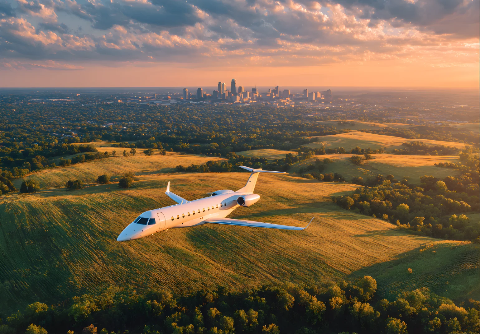 White private jet flying over green and yellow rolling hills with a city skyline in the distance under a partly cloudy sky during sunset.
