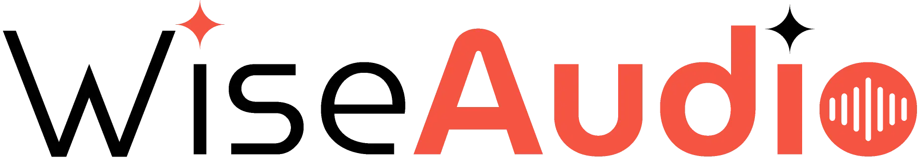 WiseAudio logotipas su raudonu garso bangų simboliu.