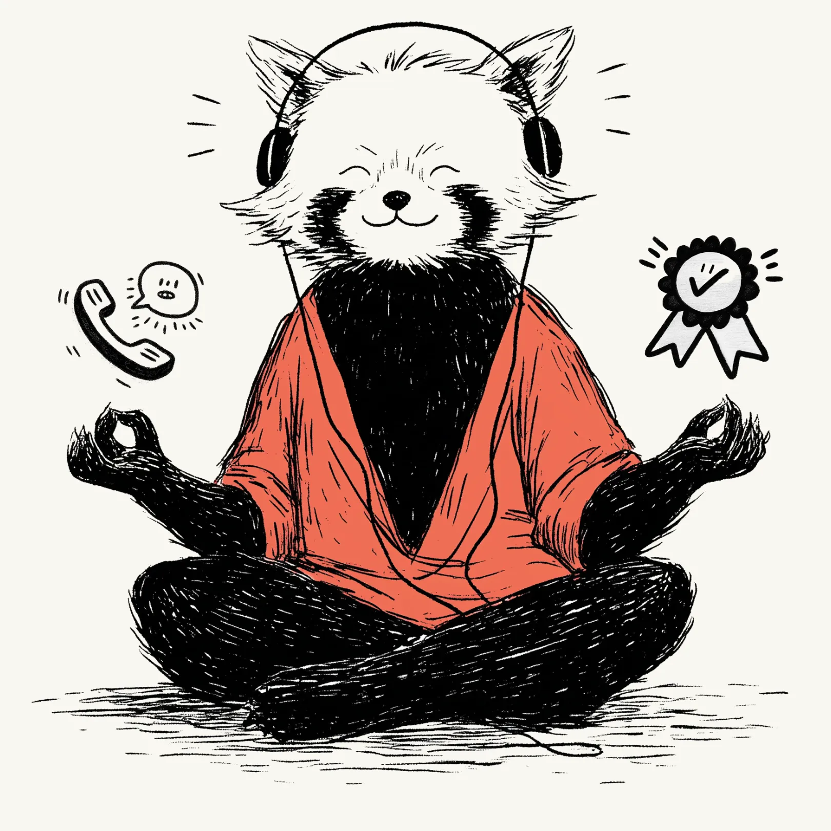 Pieštukinio stiliaus paveikslėlis, kuriame raudonoji panda su juodomis kojomis ir baltu veidu dėvi ausines ir oranžinį kimano, sėdi sukryžiavusi kojas meditacijos pozoje, su telefono ragelio ir kokybės standarto ženklo simboliais virš rankų.