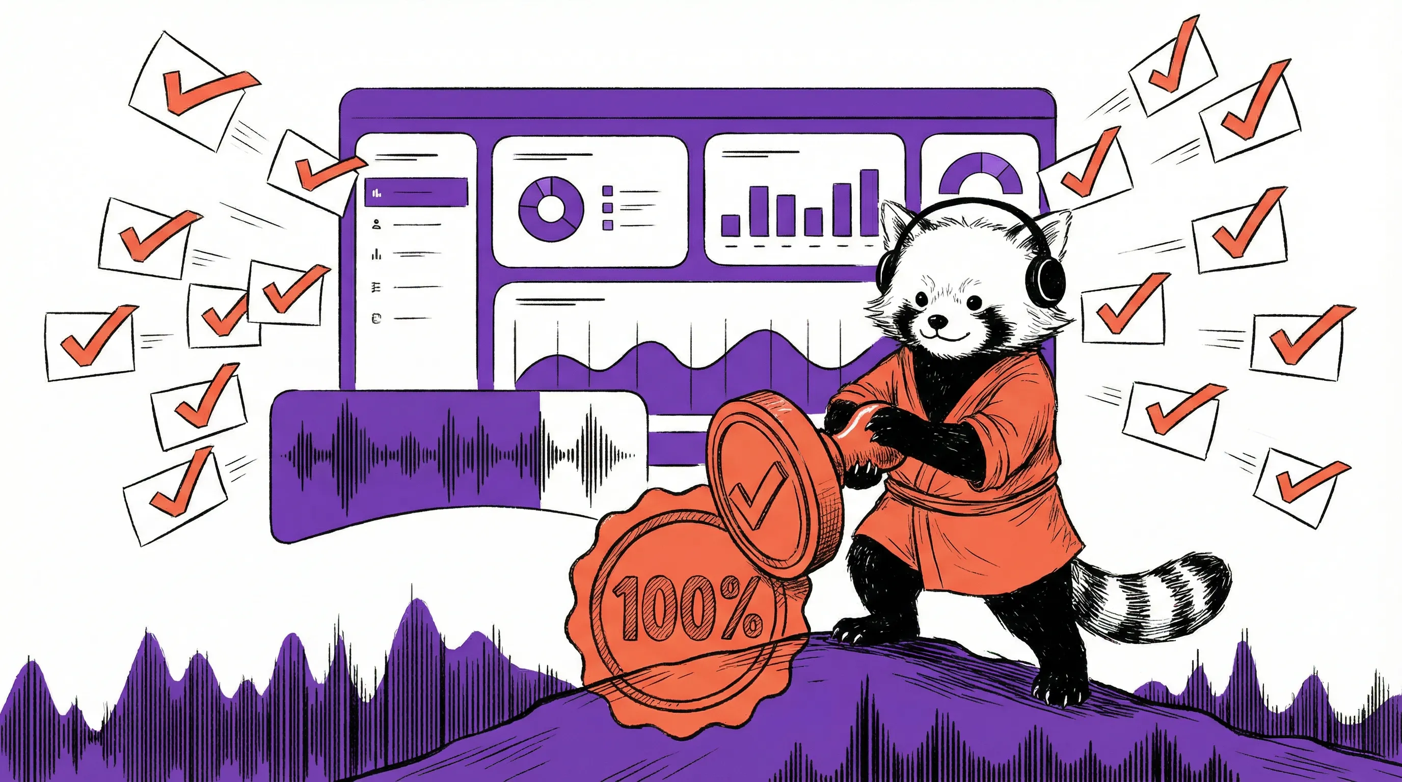 Animuota raudonoji panda su ausinėmis ir oranžiniu kimono, spaudžiantis 100% antspaudą, fone grafikai ir daugybė varnelės ženklų.