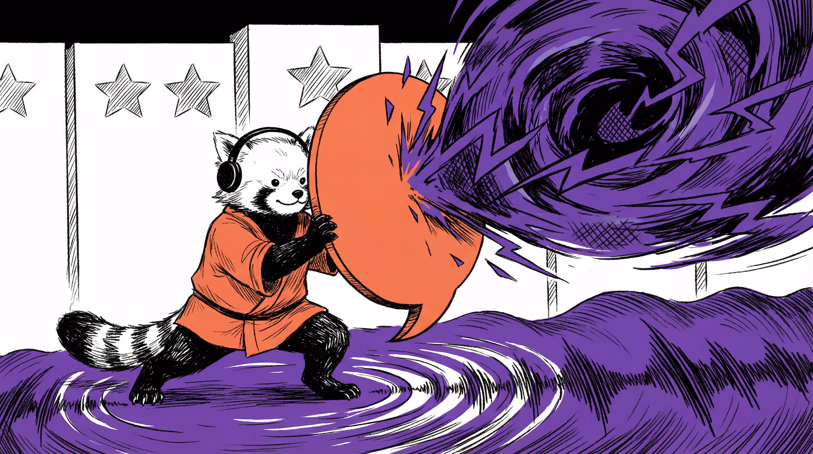 Raudonoji panda su ausinėmis ir raudona oranžiniu kimano laiko oranžinį skydą, blokuodama violetinį energijos sūkurį.