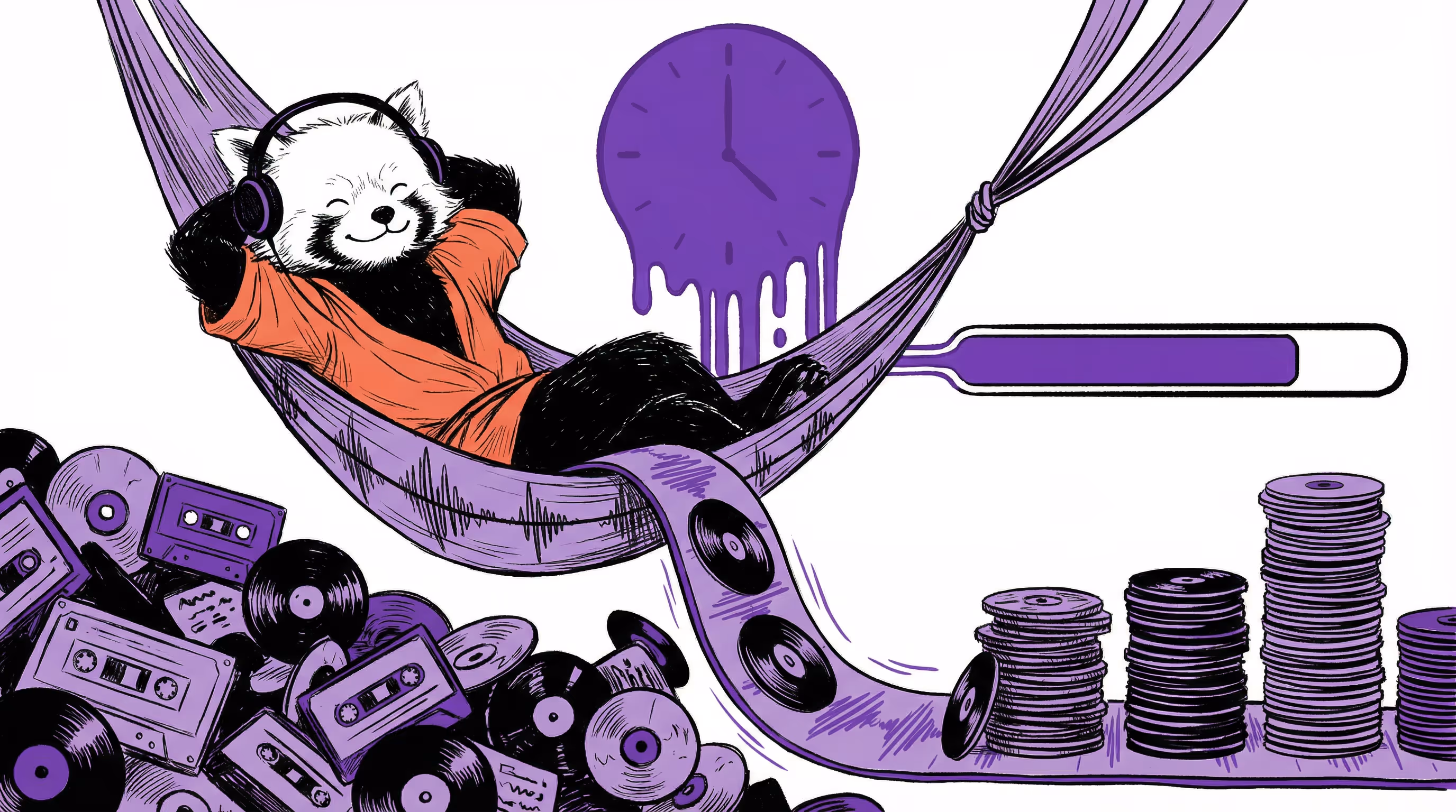 Mieganti raudonoji panda su oranžiniu kimano supasi purpuriniame hamake šalia vinilinių įrašų ir kasečių.