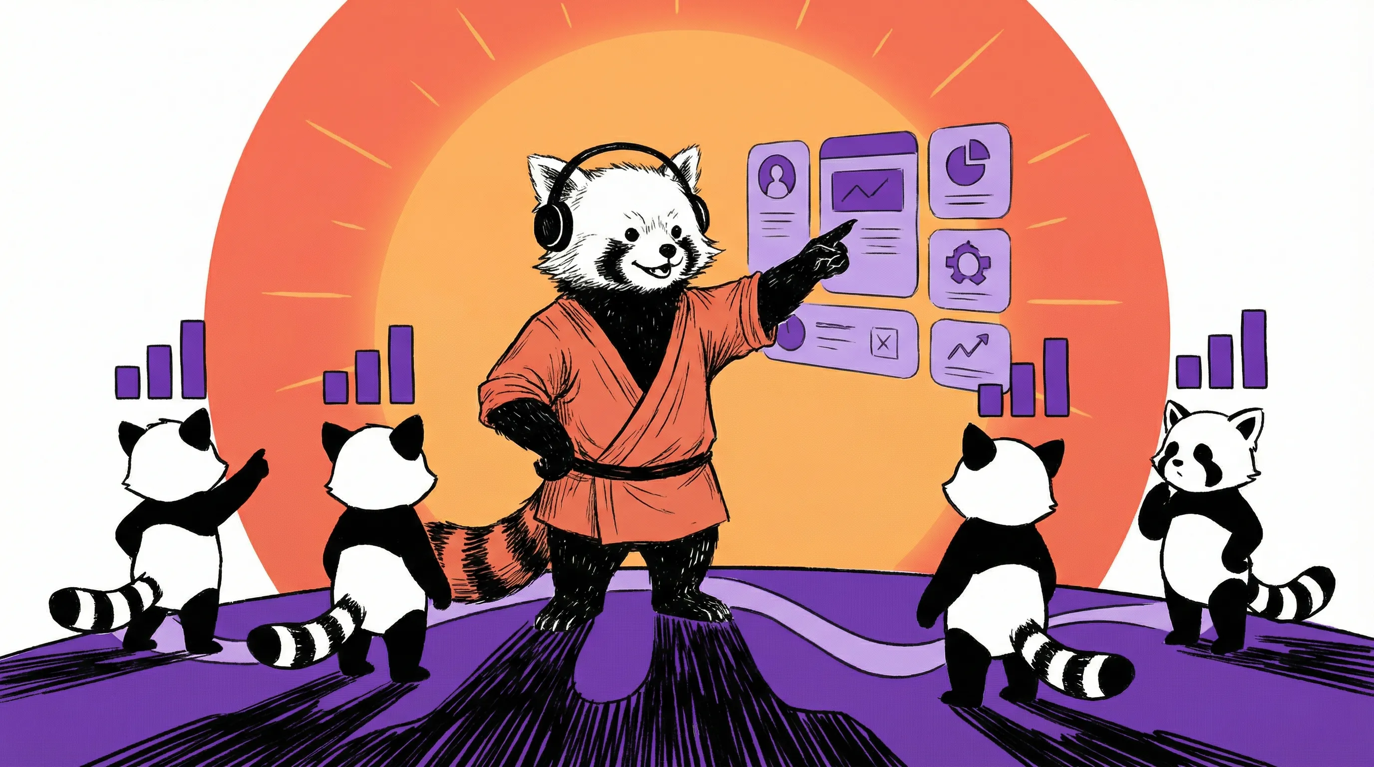 Raudonoji panda dėvi ausines ir oranžinį kimono, rodo į skaitmeninius duomenų skydelius, o keturios mažesnės pandos stebi grafiką fone.
