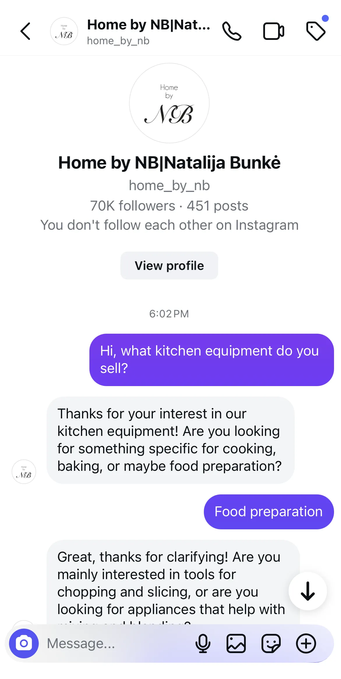 Chat between user and Home by NB AI chatbot on Instagram