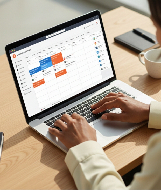 Person typing on a laptop displaying a content calendar with scheduled posts for a week.