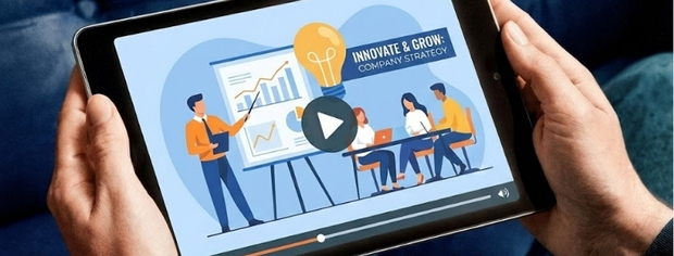 Hands holding a tablet displaying an animated video of a business presentation titled 'Innovate & Grow: Company Strategy' with people discussing charts.