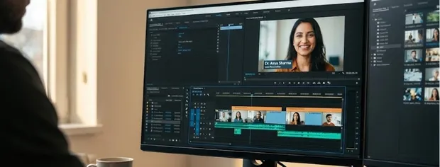 Person editing a video featuring Dr. Anya Sharma on a large computer monitor with timeline and video clips visible.