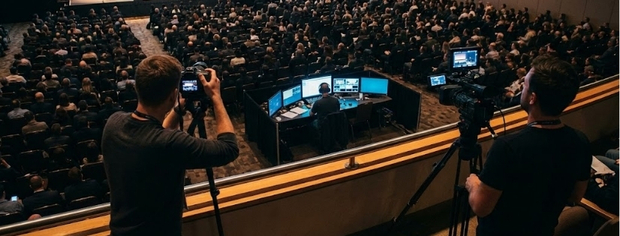Two camera operators filming a large audience seated in an auditorium with a person managing multiple monitors at a control desk.