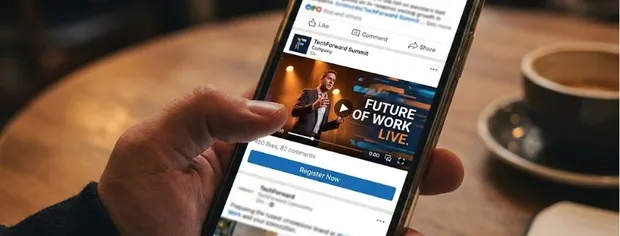 Hand holding a smartphone showing a TechForward Summit video titled 'Future of Work Live' with a speaker on screen and a Register Now button.