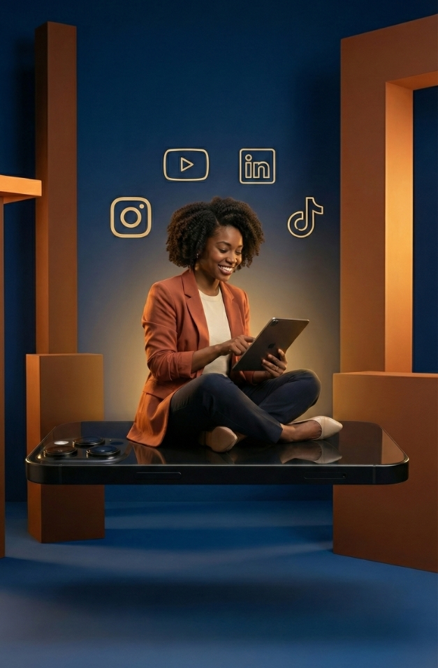 Smiling woman sitting cross-legged on a large smartphone while using a tablet, with social media icons YouTube, LinkedIn, Instagram, and TikTok floating above her against a blue and orange background.