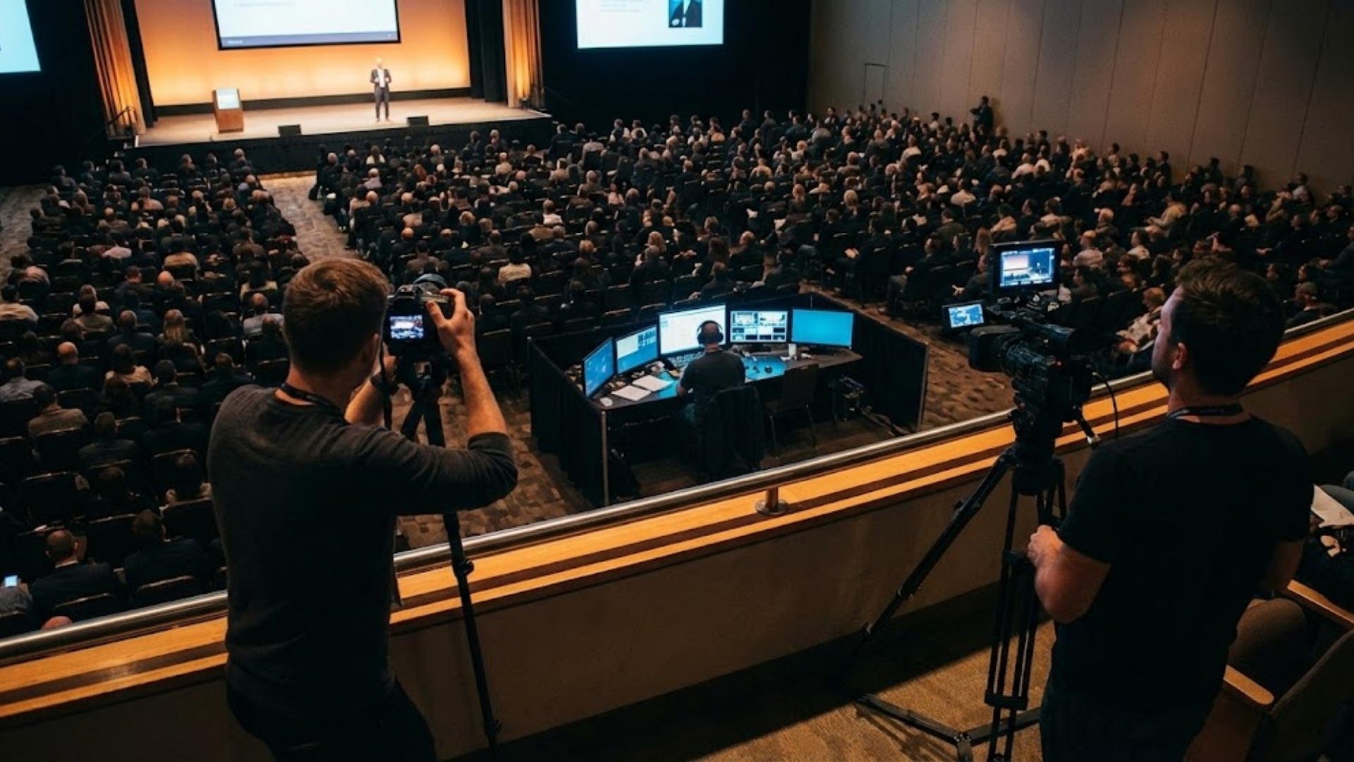 Two camera operators filming a large audience listening to a speaker on a stage in a conference hall.