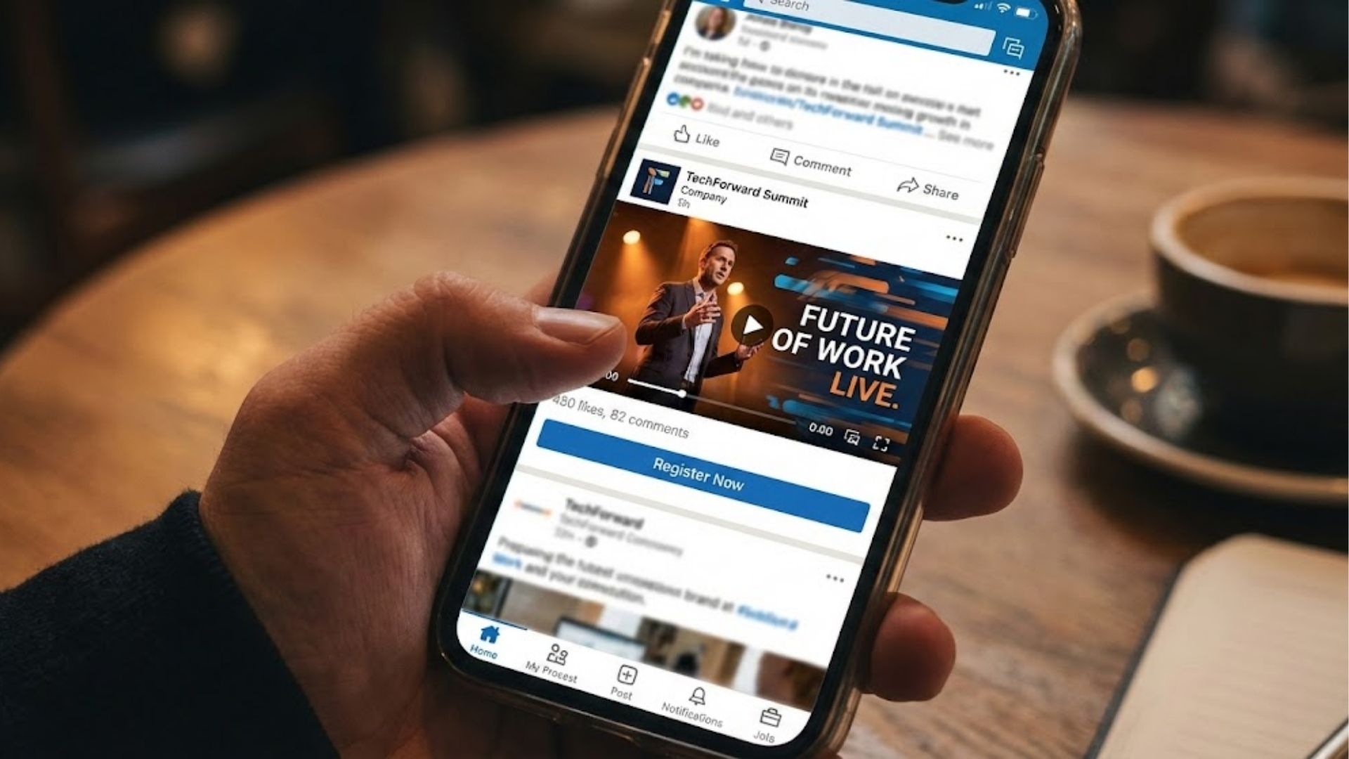 Hand holding a smartphone displaying a LinkedIn post with a video titled 'Future of Work Live' and a 'Register Now' button.