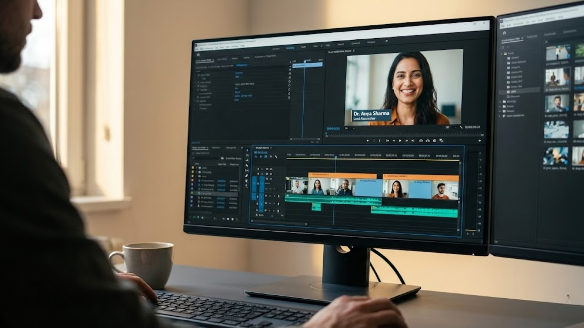 Person editing a video project on a computer with a timeline and a preview of Dr. Anya Sharma labeled as Lead Researcher.