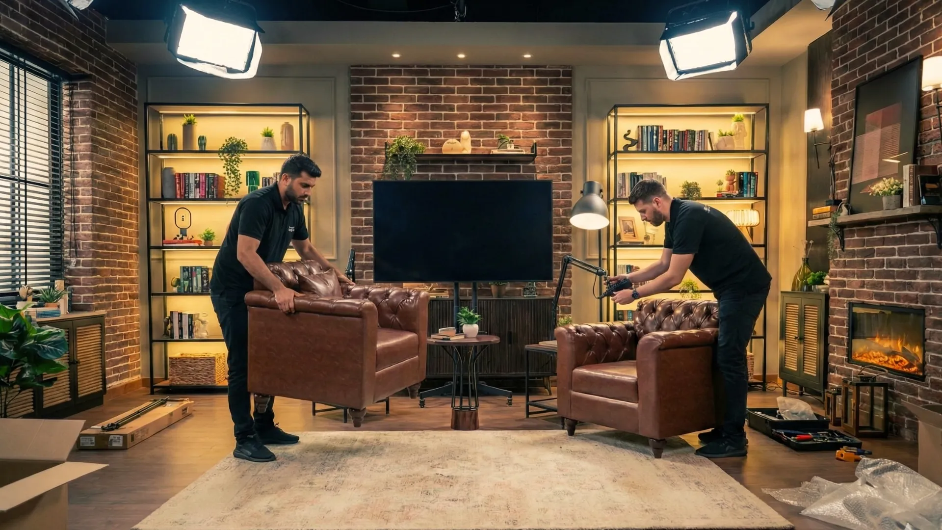 Two men arranging brown leather armchairs in a warm, modern studio with brick walls, a television, and bookshelves.