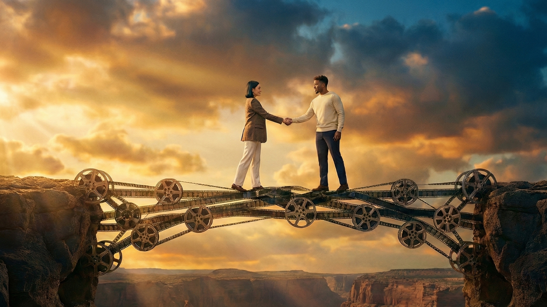 Two people shaking hands while standing on a bridge made of interconnected film reels spanning a canyon under a dramatic sky at sunset.
