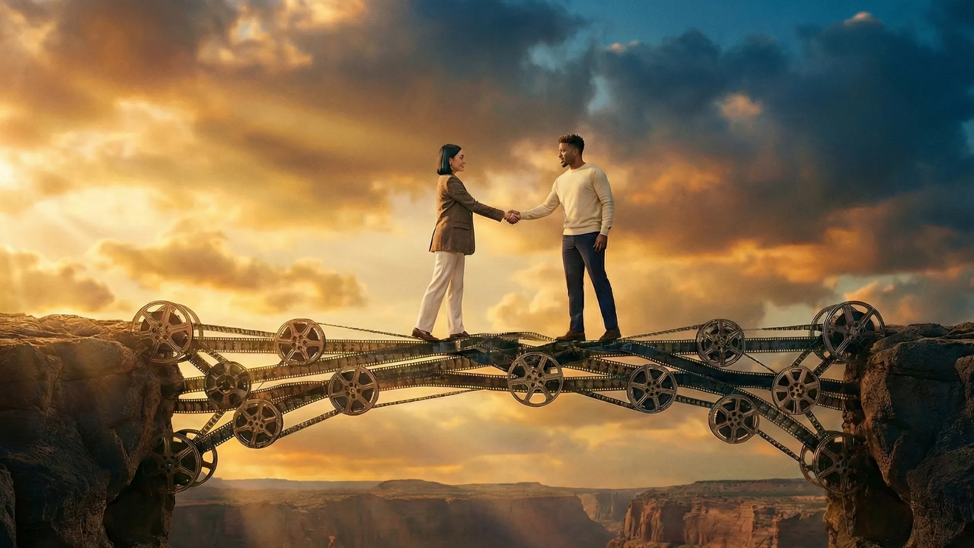 Two people shaking hands while standing on a bridge made of interconnected film reels spanning a canyon under a dramatic sky at sunset.
