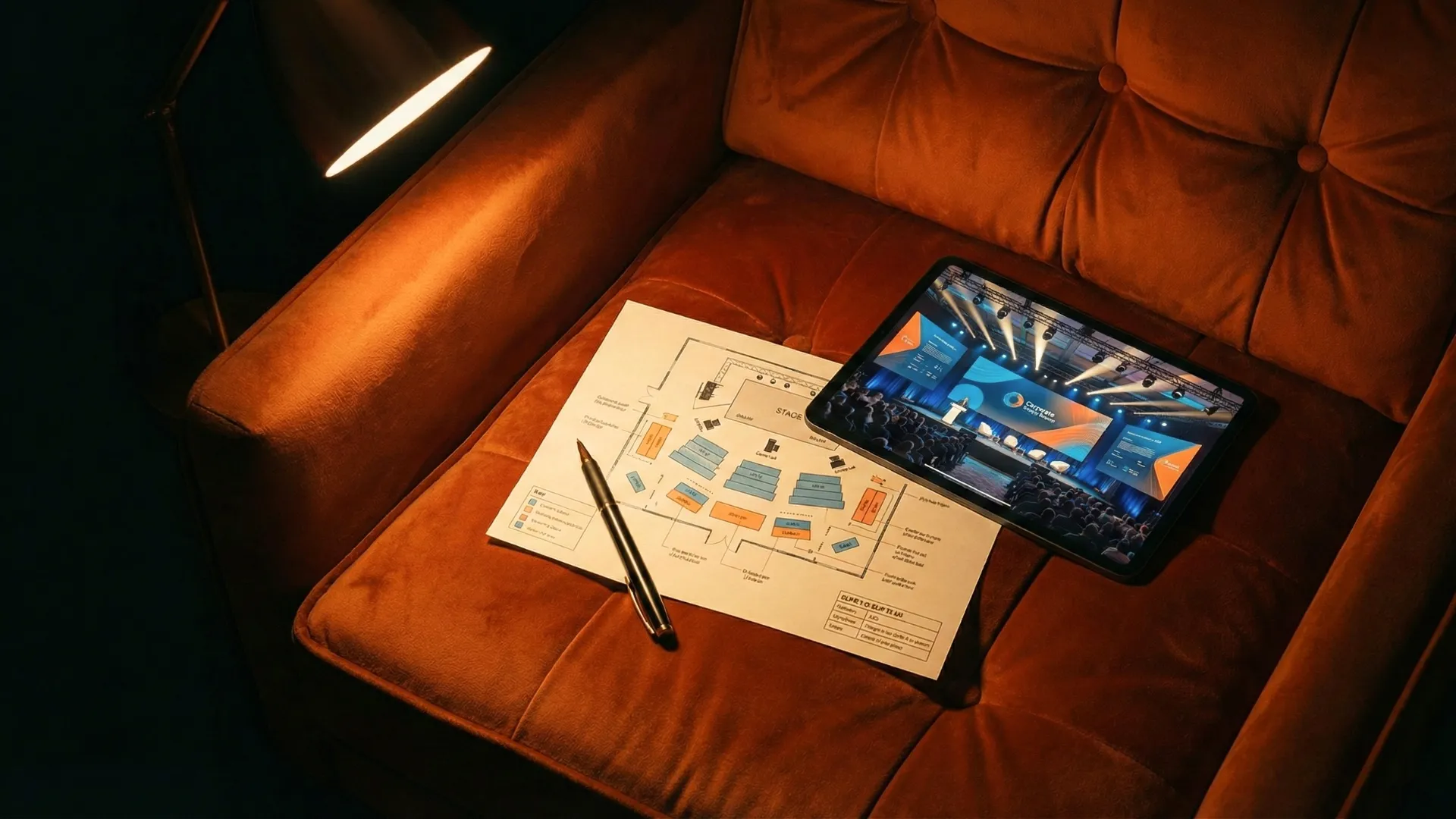 Tablet showing a conference stage and audience placed on an orange sofa next to a pen and printed seating plan.