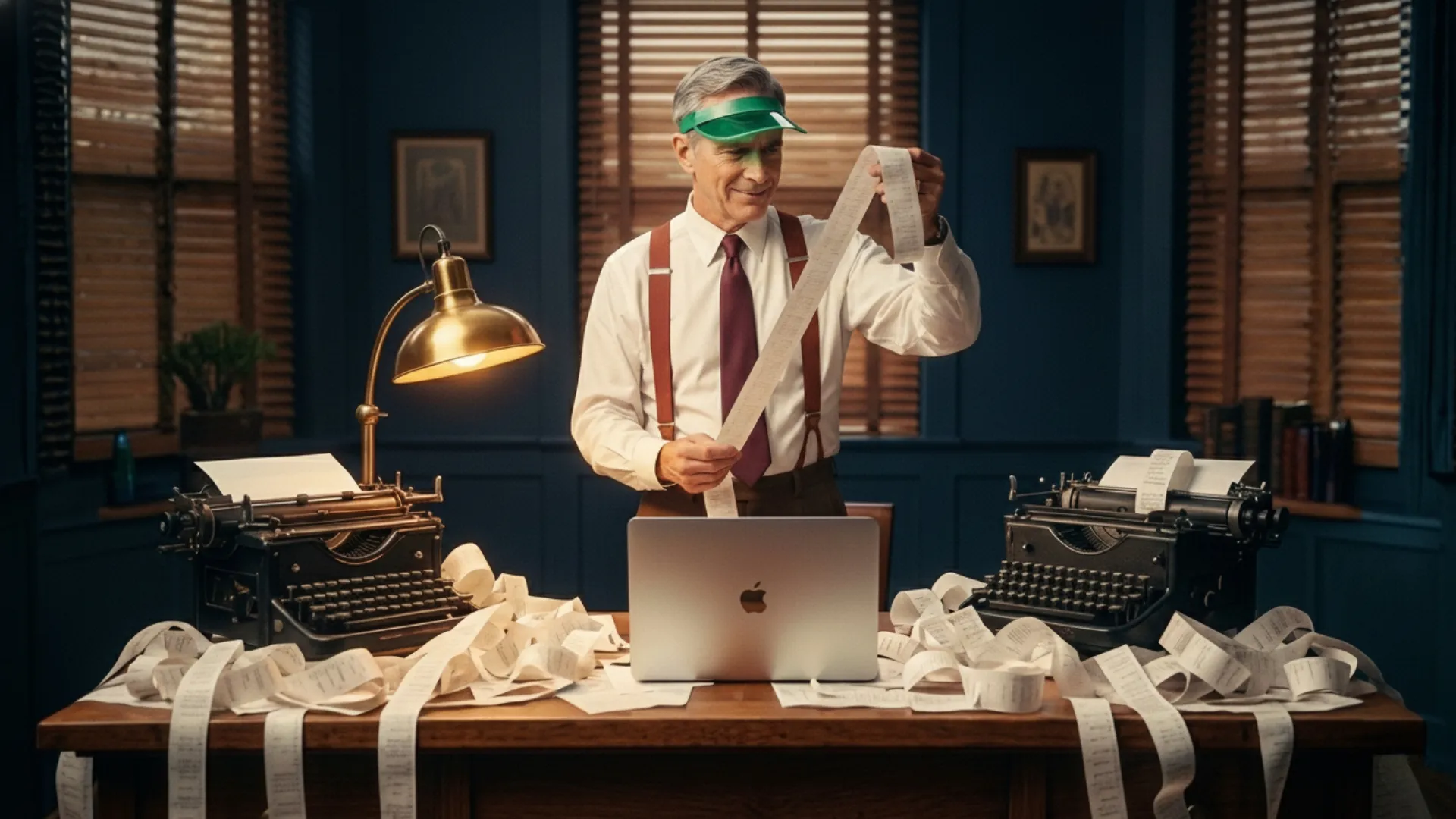 Man in vintage attire reviewing long paper receipts in an office with typewriters and a laptop on the desk.