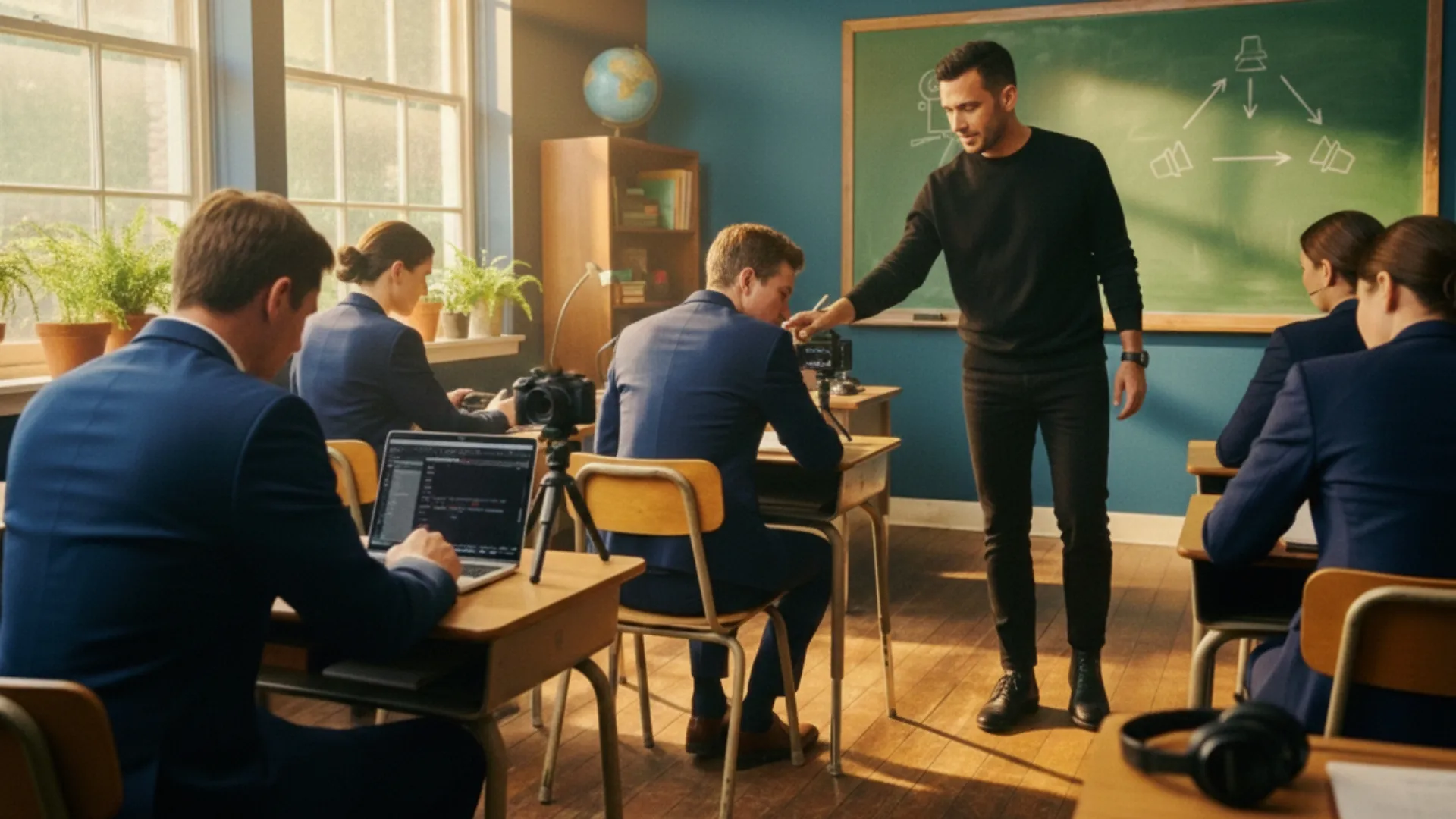 Teacher instructing students in a classroom where students in formal attire use laptops and cameras with a chalkboard diagram in the background.