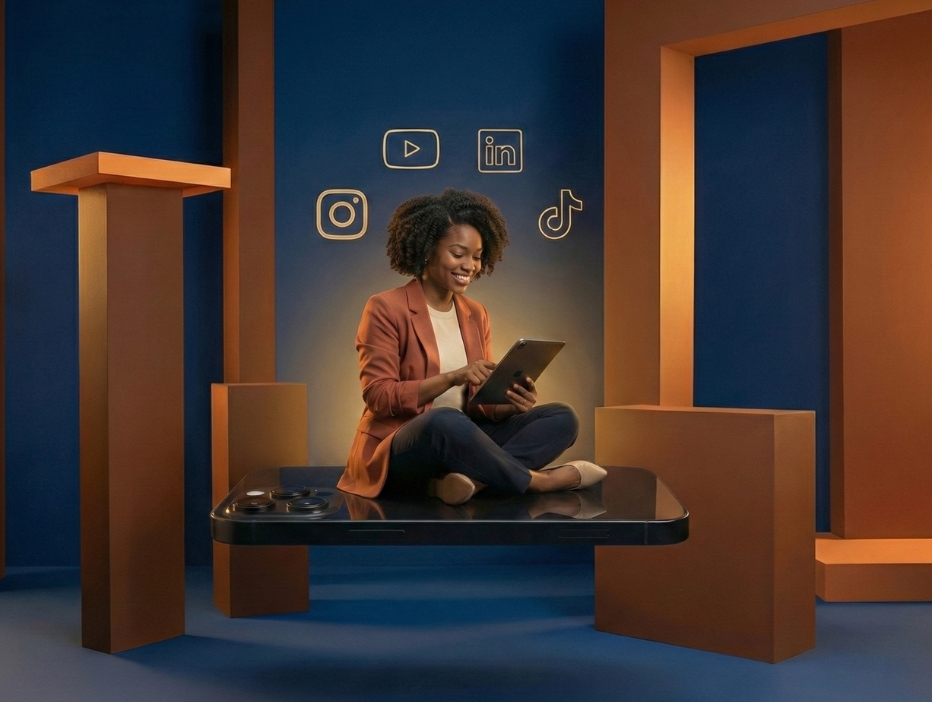 Smiling woman sitting cross-legged on a large smartphone, using a digital tablet, with social media icons glowing behind her.
