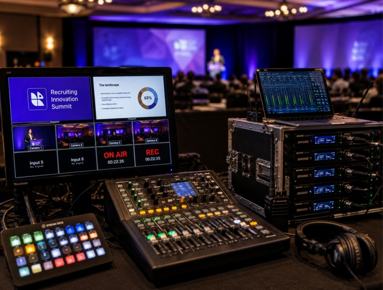 Audio and video control setup for a conference with monitors showing a Recruiting Innovation Summit.