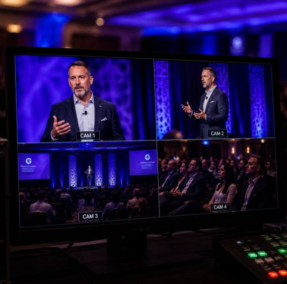 Monitor showing multi-camera views of a man speaking at a conference with an audience watching.