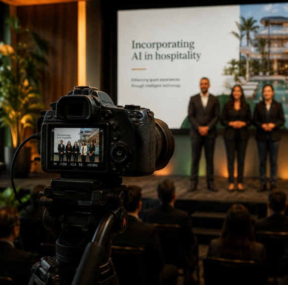 Camera recording a panel of four people standing on stage with a presentation about AI in hospitality behind them.