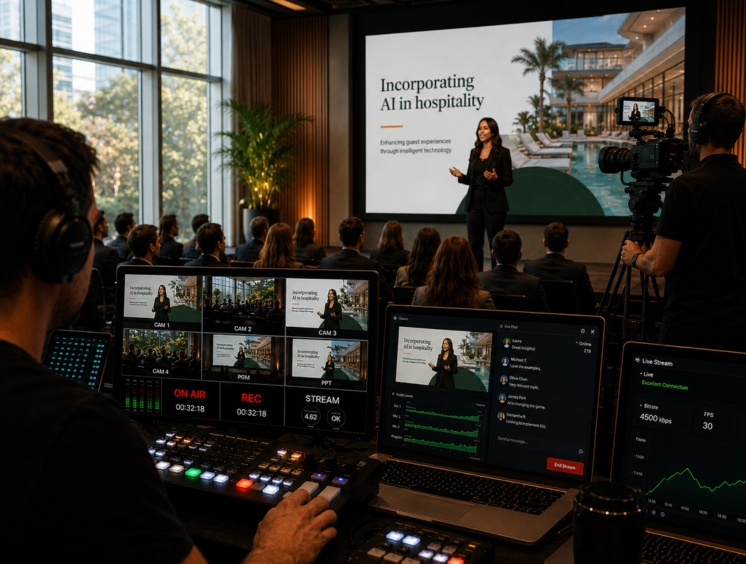 Technician controls live stream of a speaker presenting about AI in hospitality to an audience in a conference room.