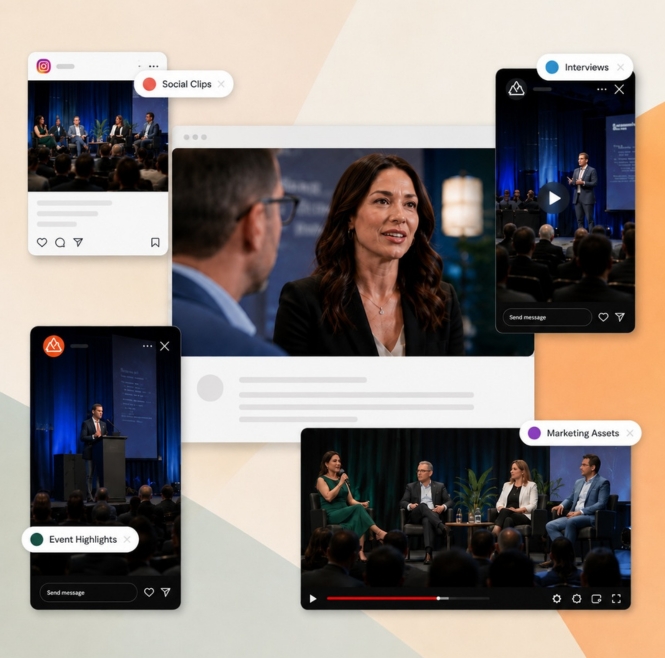 Collage of video chat and interview scenes featuring panel discussions and speeches at an event.