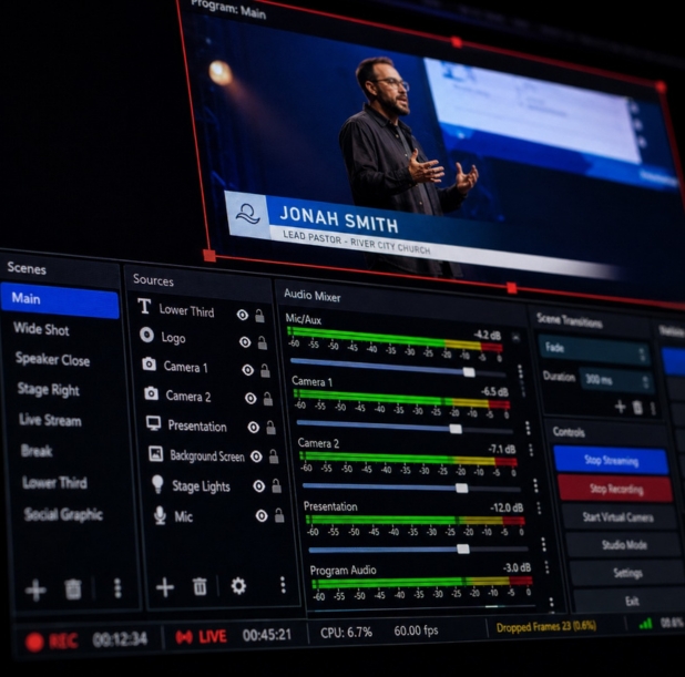 Camera recording a panel of four people standing on stage with a presentation about AI in hospitality behind them.