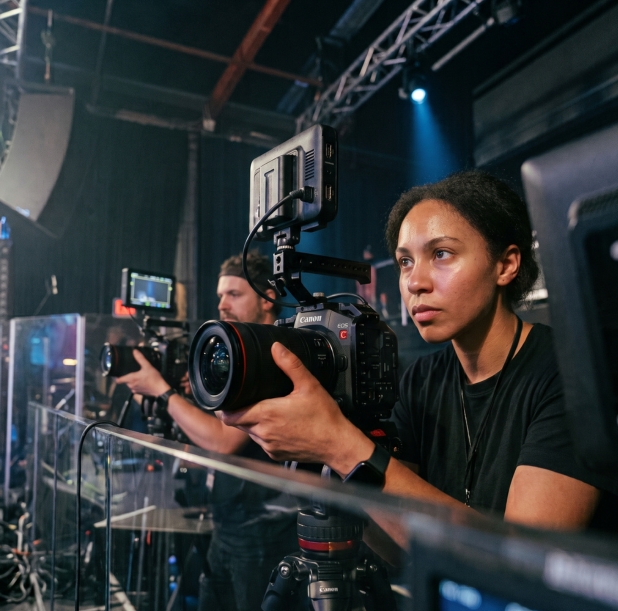 Woman in orange dress holding a tablet being filmed by a cameraman with headphones and microphone.
