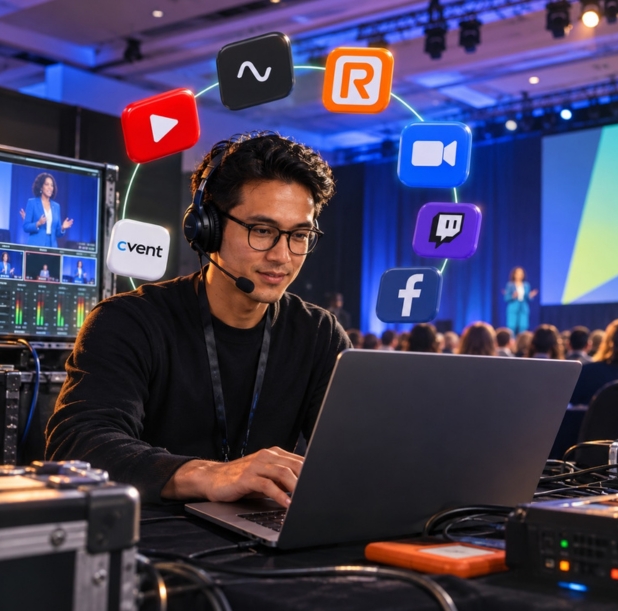 Technician controls live stream of a speaker presenting about AI in hospitality to an audience in a conference room.