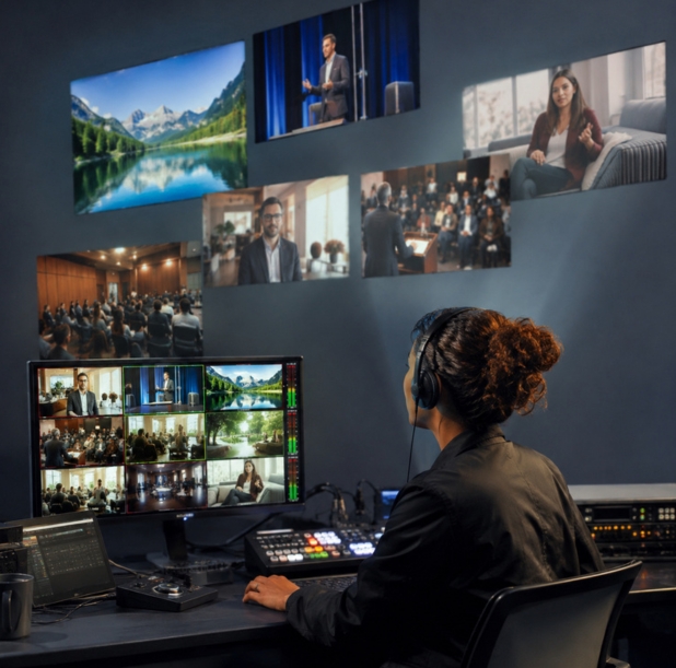 Monitor showing multi-camera views of a man speaking at a conference with an audience watching.
