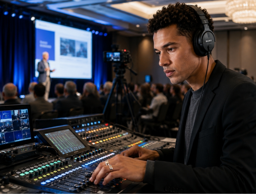 Audio and video control setup for a conference with monitors showing a Recruiting Innovation Summit.