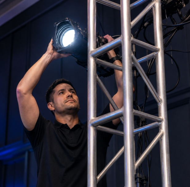 Camera recording a panel of four people standing on stage with a presentation about AI in hospitality behind them.
