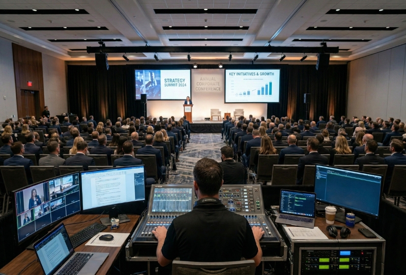 AV equipment setup at a corporate event produced by JSB Video Seattle