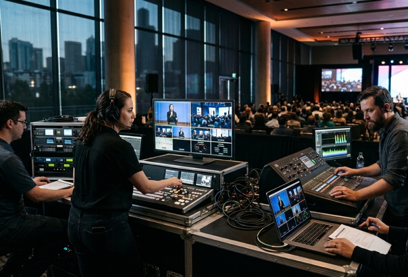 Production crew operating technical equipment at live event broadcast with audience in background