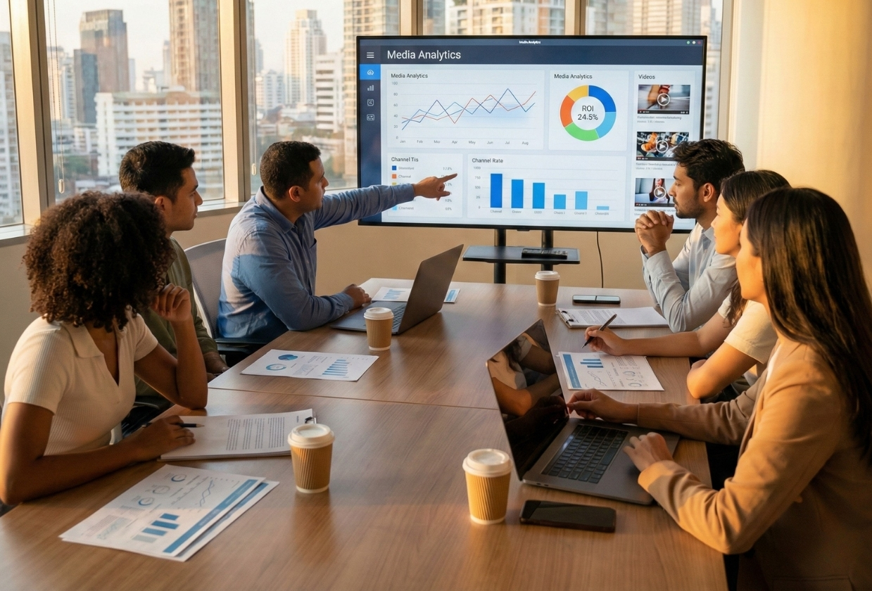 Team meeting in office discussing media analytics dashboard with graphs and ROI charts