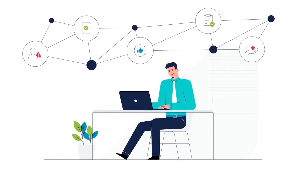 Man at laptop with network diagram showing connected icons for documents, approval, support