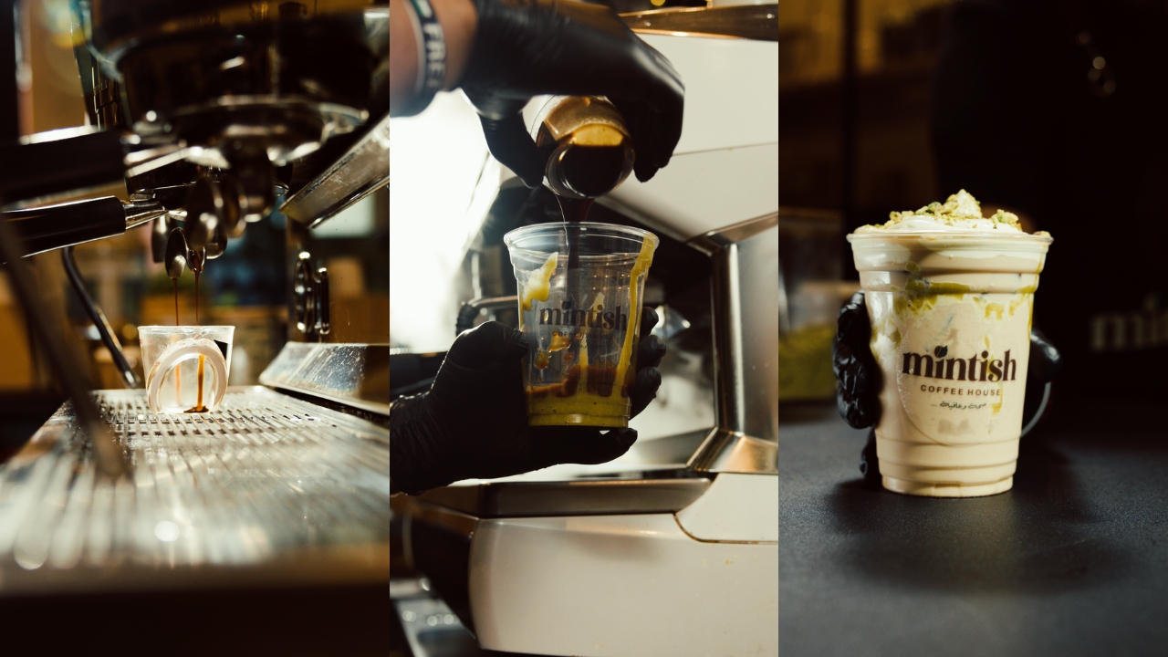 Mintish coffee house drinks: espresso extraction, pouring oil, and iced latte with cream topping