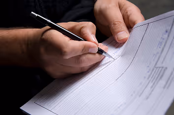 A person fills out a form with a pencil, focusing intently. The close-up shows hands and paperwork, conveying a sense of concentration and diligence.
