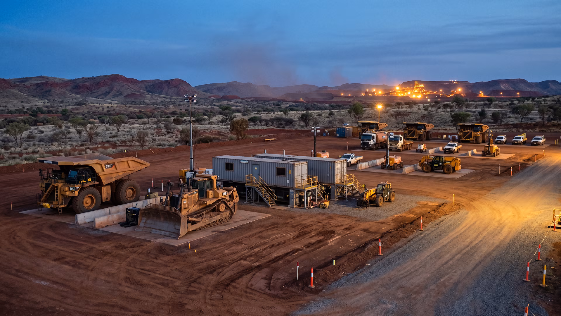 B2B mining services staging yard at blue hour, heavy equipment marshalled with a Tier-1 Pilbara operation on the horizon.