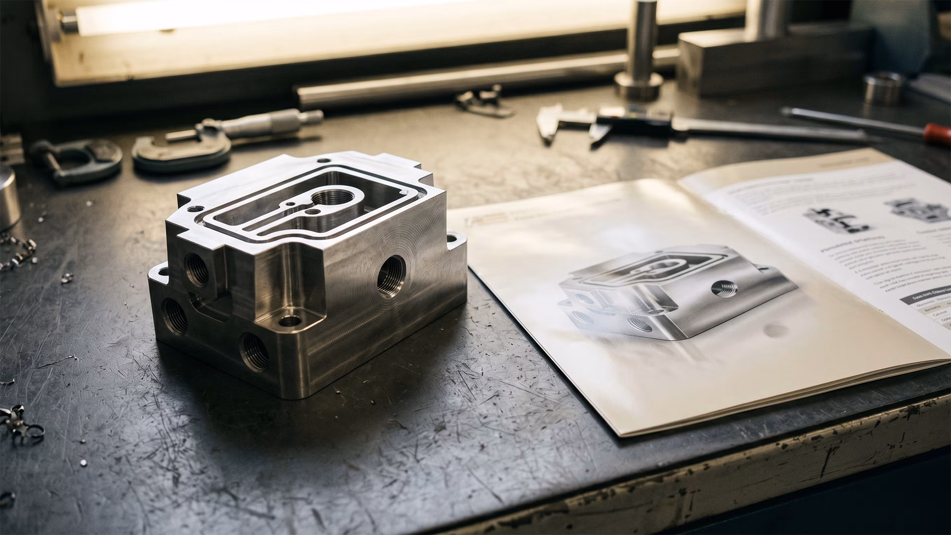 Precision industrial component and glossy brochure illustrating the gap between strong technology and the proof procurement requires
