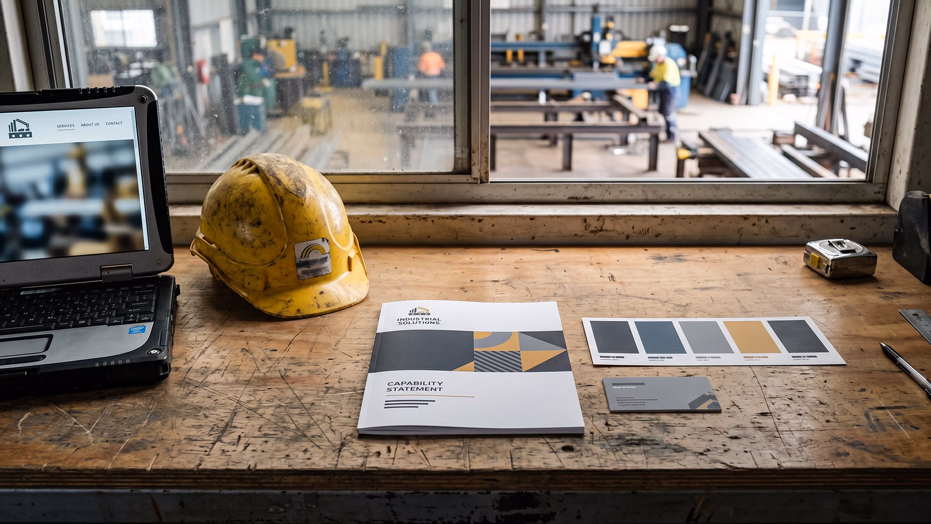 An industrial firm's rebrand collateral on a workshop bench brand colour swatches, business card and a laptop website, with a steel fabrication shop visible through the window.