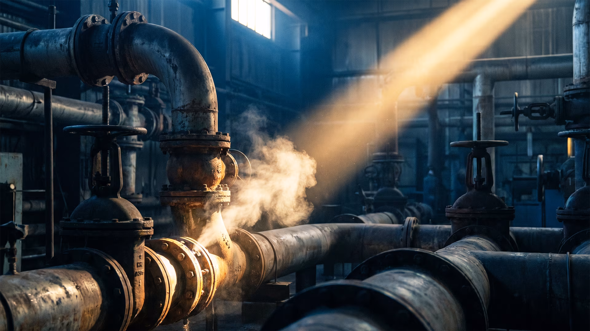 Industrial pipe junction with three inbound flows and no outlet, illustrating how missed enquiries leak before the CRM records them