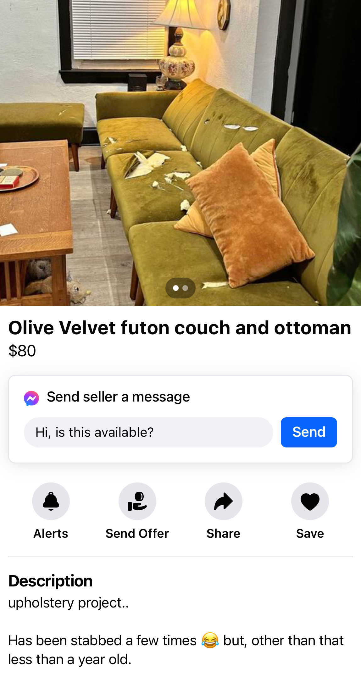 an olive futon with many large and abnormal rips and tears. the seller's description reads: "upholstery project. has been stabbed a few times 😂 but, other than that less than a year old."