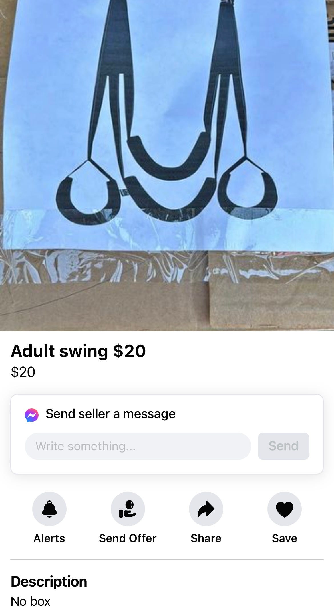 an adult swing with a description that reads, simply, "no box"