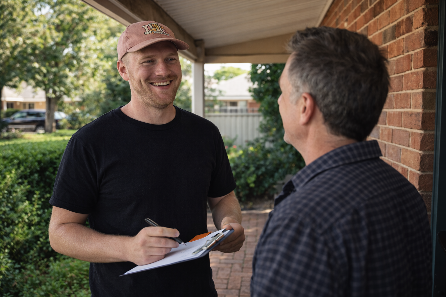 Oscar from Home N Hosed talking with a client at a residential property in Bendigo