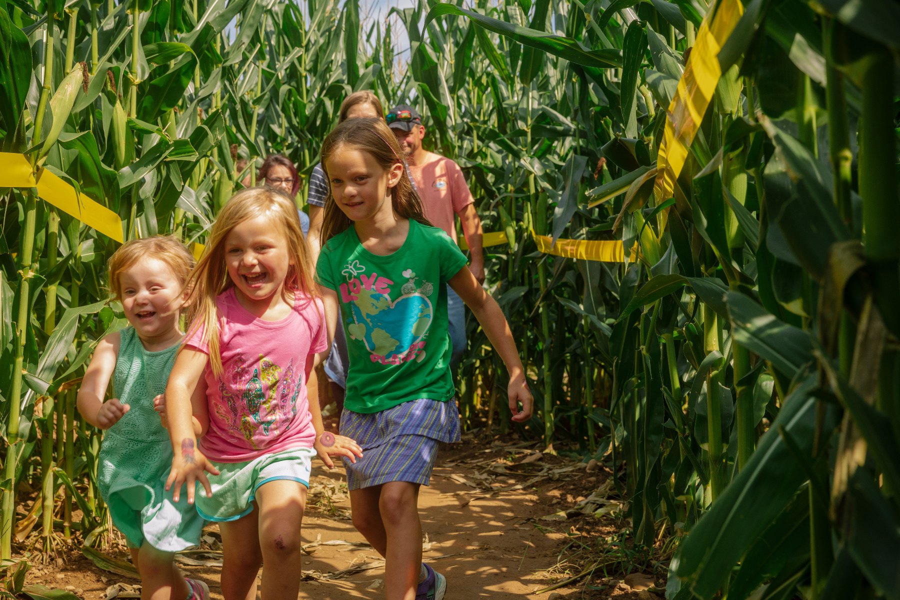 Kids running through Bishop's Corn Maze