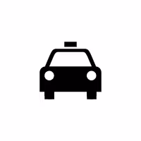 A simple black and white graphic icon of a taxi or a car seen from the front.